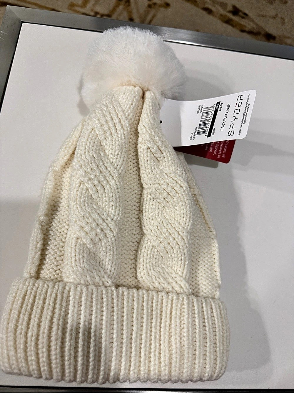 Spyder Cable Knit Pom Beanie in Cream NWT